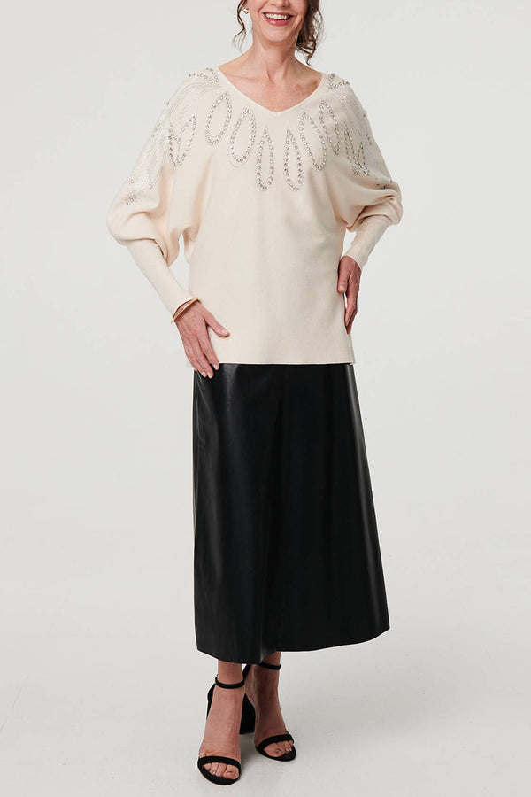 CREAM | Embellished Sequin Batwing Sleeve Jumper