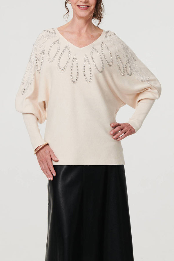 CREAM | Embellished Sequin Batwing Sleeve Jumper