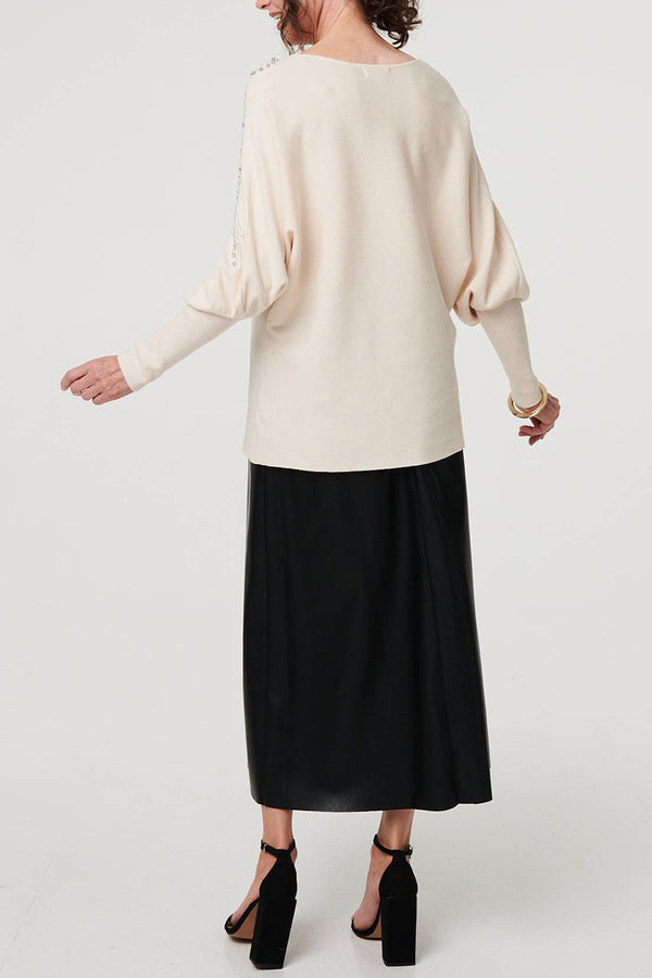 CREAM | Embellished Sequin Batwing Sleeve Jumper