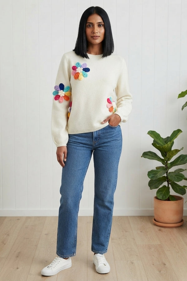 Floral Embroidered Detail Relaxed Jumper| CREAM