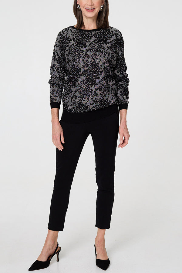 BLACK| Sparkly Floral Contrast Trim Slim Jumper