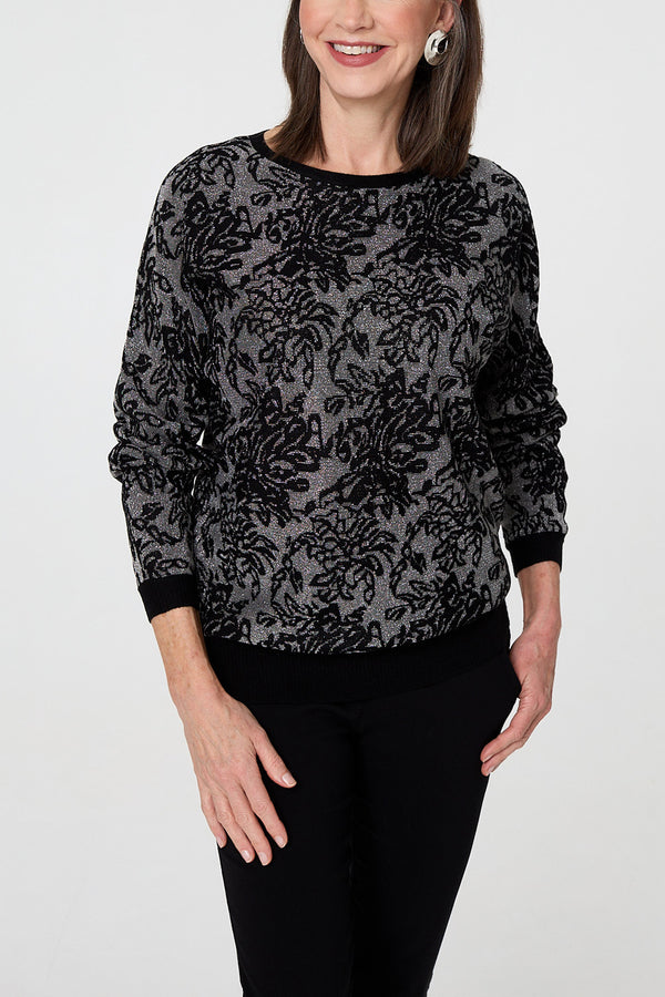 BLACK| Sparkly Floral Contrast Trim Slim Jumper