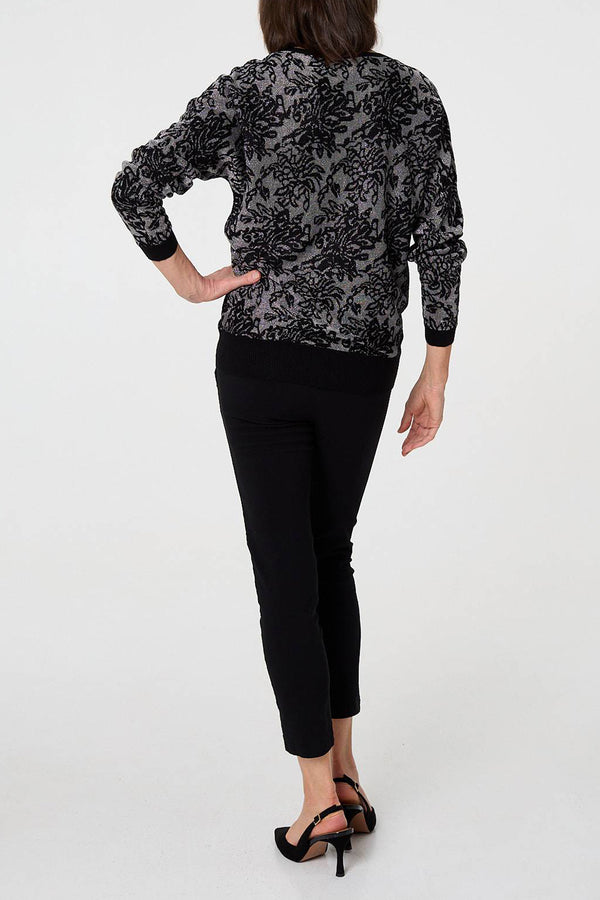 BLACK| Sparkly Floral Contrast Trim Slim Jumper
