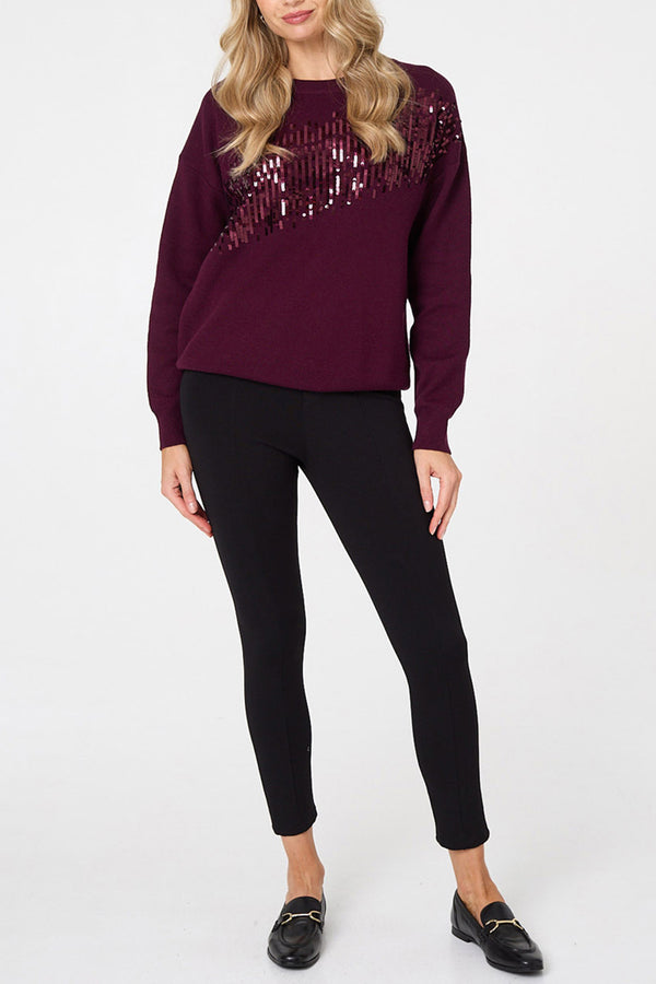 Wine | Sequin Embellished Drop Shoulder Jumper