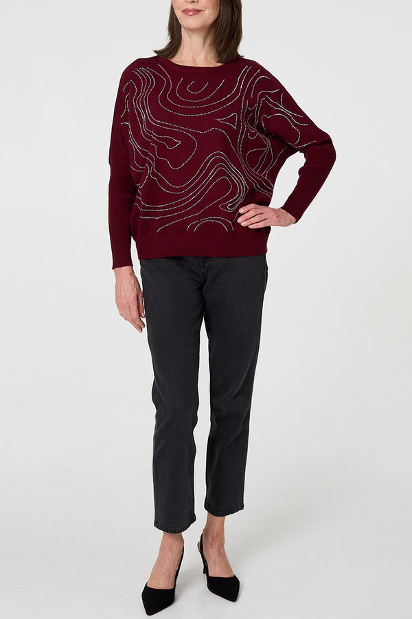 Wine | Stud Embellished Batwing Sleeve Jumper