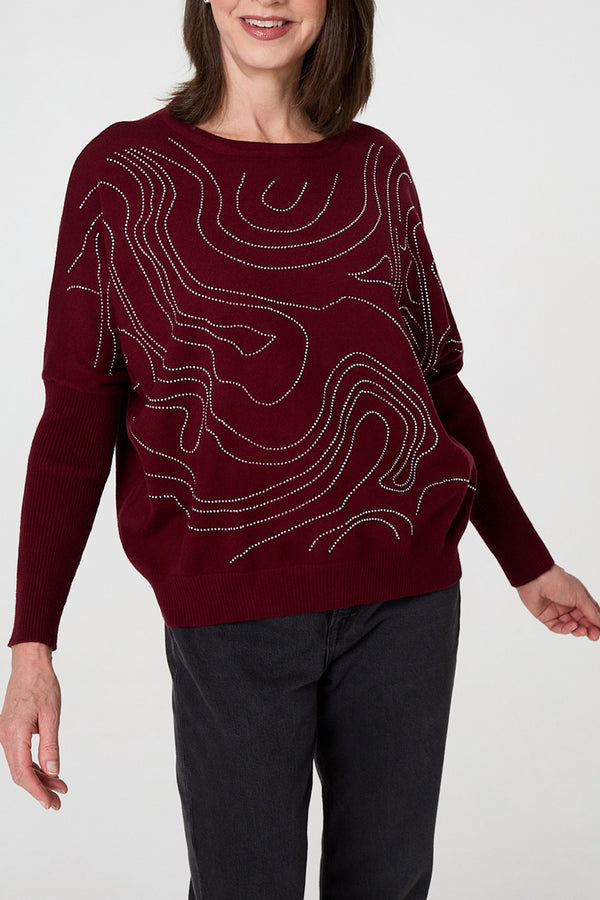 Wine | Stud Embellished Batwing Sleeve Jumper