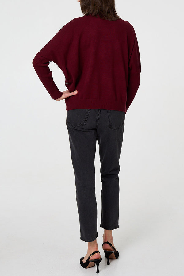 Wine | Stud Embellished Batwing Sleeve Jumper