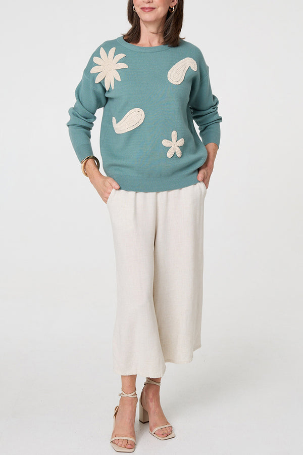 Green | Embroidered Textured Long Sleeve Jumper