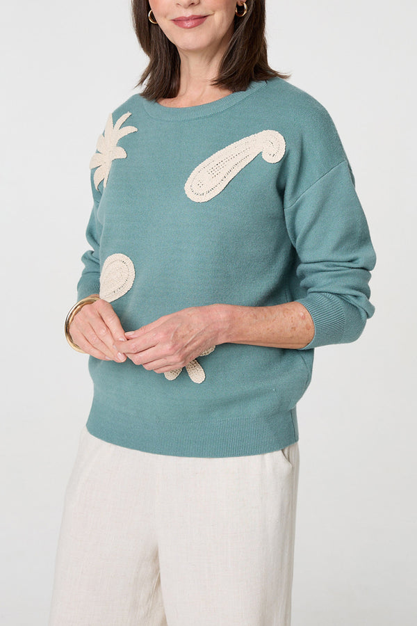 Green | Embroidered Textured Long Sleeve Jumper