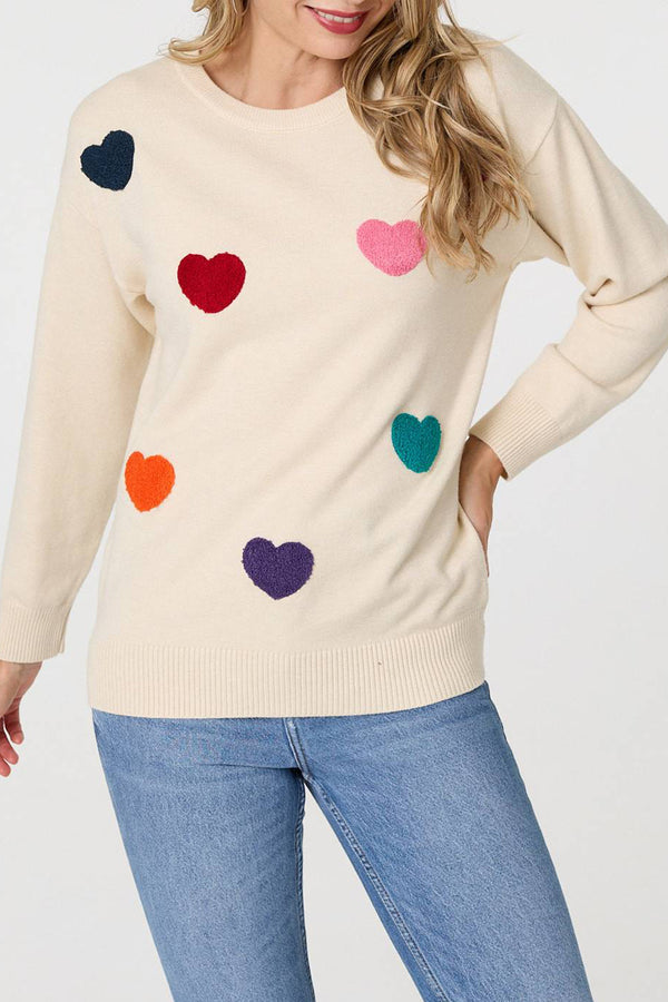 BEIGE | Heart Embellished Long Sleeve Jumper
