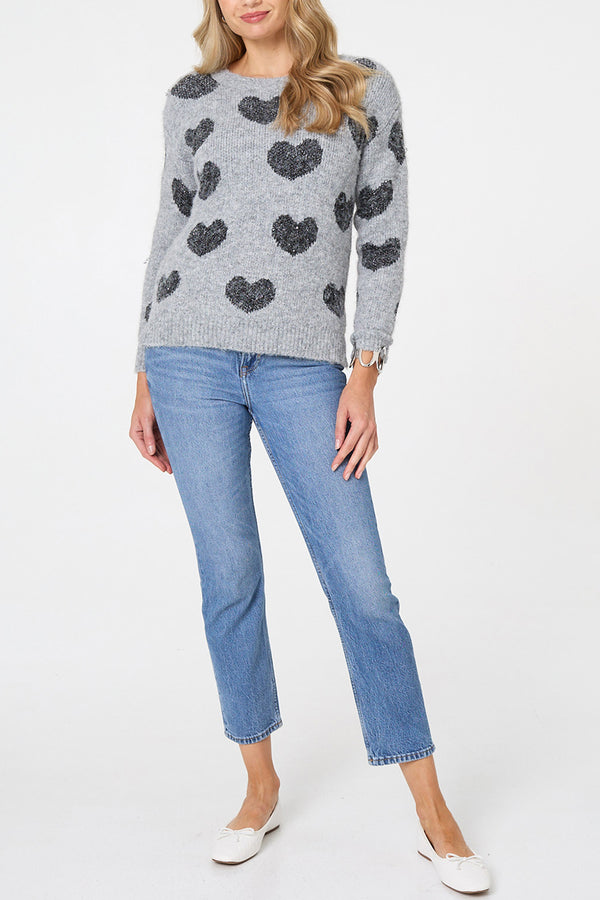 Grey | Heart Print Textured Long Sleeve Jumper