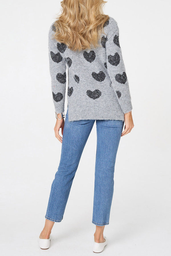 Grey | Heart Print Textured Long Sleeve Jumper