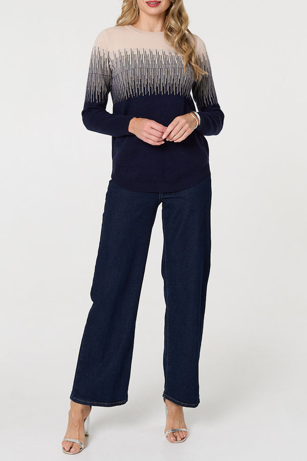 MULTI NAVY| Sparkly Embellished Long Sleeve Knit Top