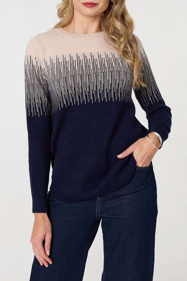 MULTI NAVY| Sparkly Embellished Long Sleeve Knit Top