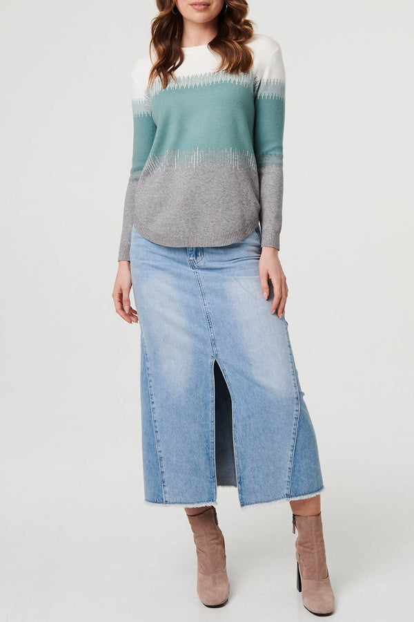GREEN | Sparkly Colour Block Curve Hem Jumper
