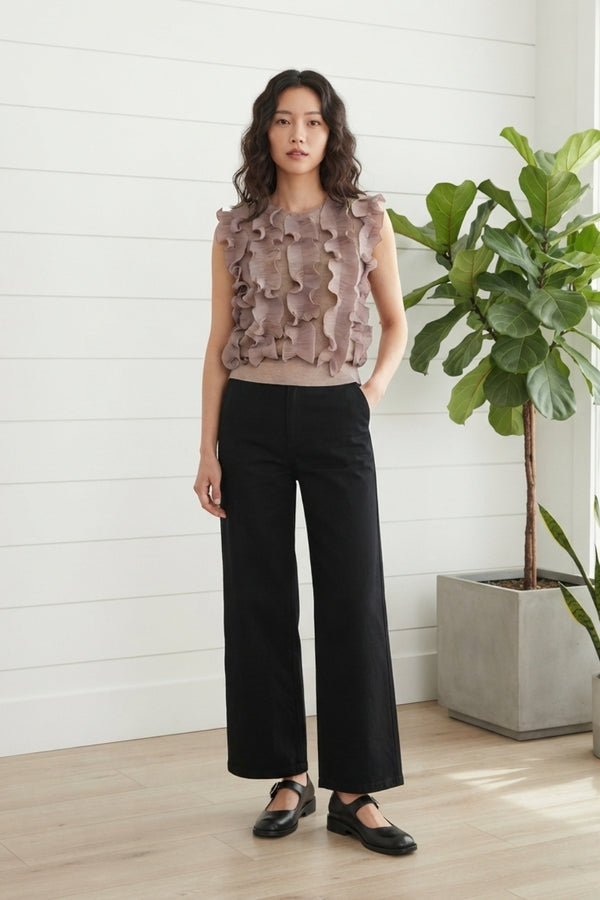 Ruffled Knit Texture Sleeveless Top| BEIGE