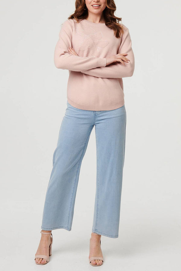 Pink | Floral Sparkle Texture Long Sleeve Jumper