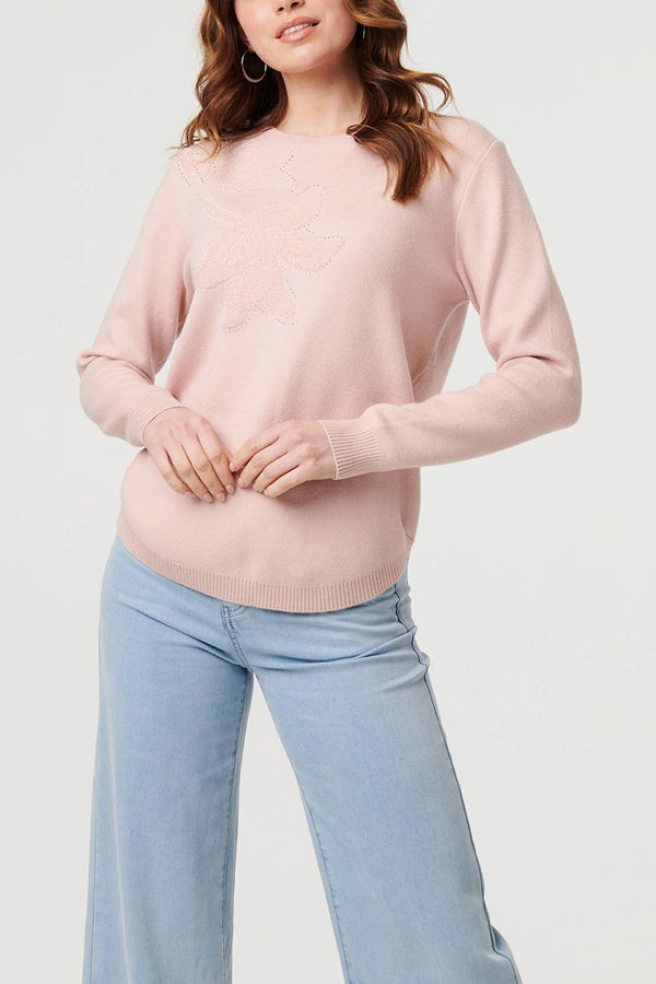 Pink | Floral Sparkle Texture Long Sleeve Jumper