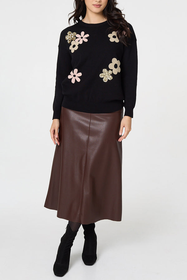 Black| Floral Sparkle Detail Relaxed Jumper