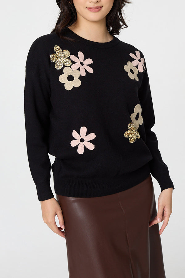 Black| Floral Sparkle Detail Relaxed Jumper