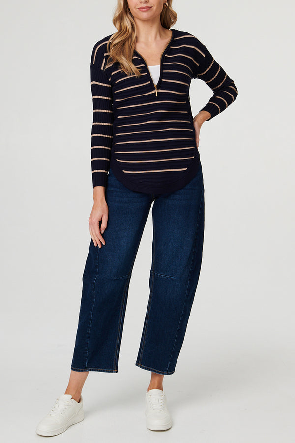 Multi Navy | Striped Zip V-Neck Relaxed Knit Top
