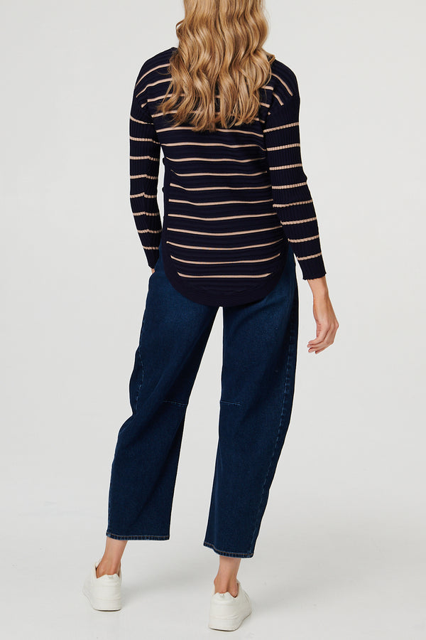 Multi Navy | Striped Zip V-Neck Relaxed Knit Top