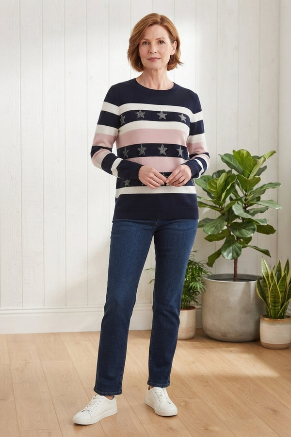 Diamante Star Striped Batwing Jumper| MULTI BLUE