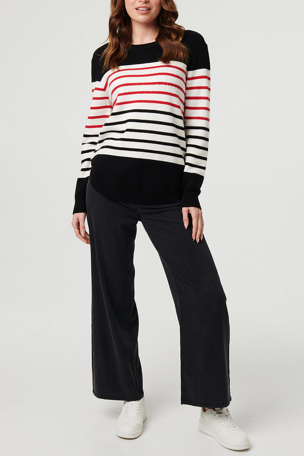 Multi Black| Striped Diamante Long Sleeve Jumper
