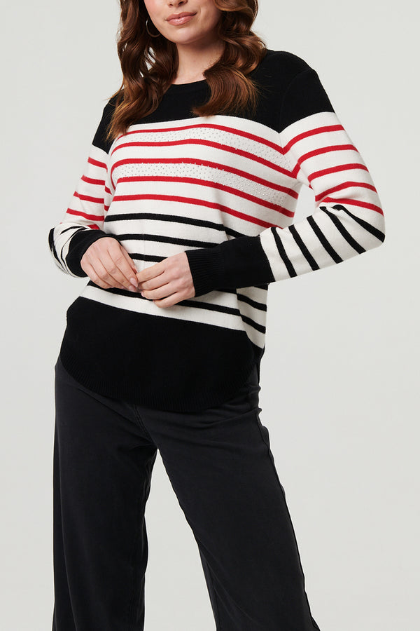 Multi Black| Striped Diamante Long Sleeve Jumper