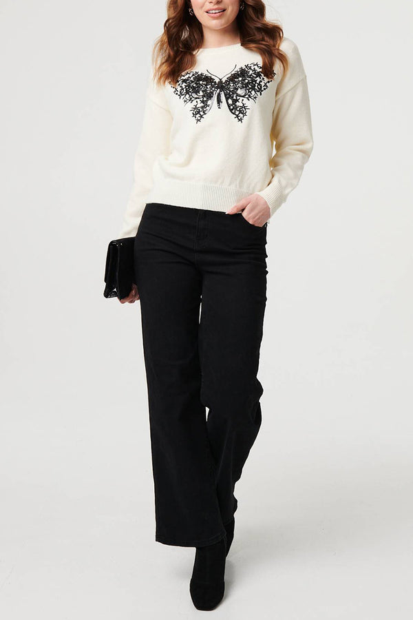 White | Butterfly Print Sparkly Relaxed Jumper