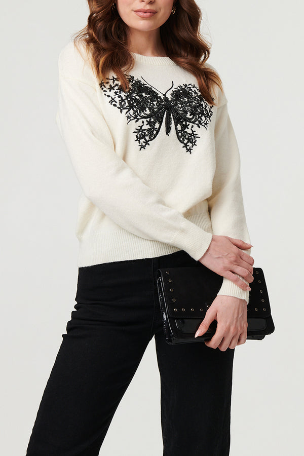 White | Butterfly Print Sparkly Relaxed Jumper