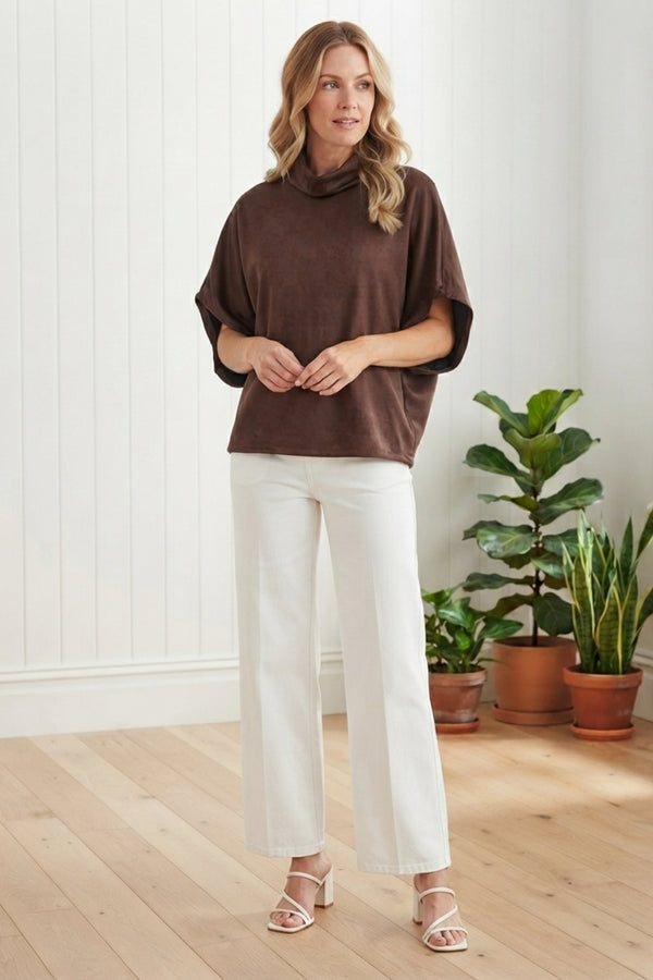 Faux Suede 1/2 Sleeve Relaxed Top| BROWN