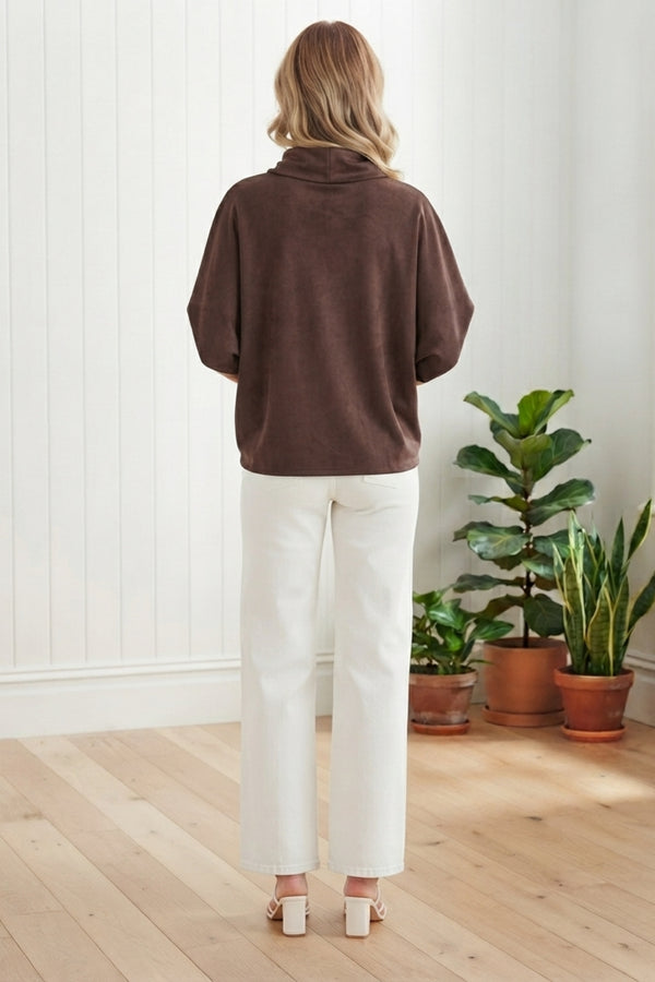 Faux Suede 1/2 Sleeve Relaxed Top| BROWN