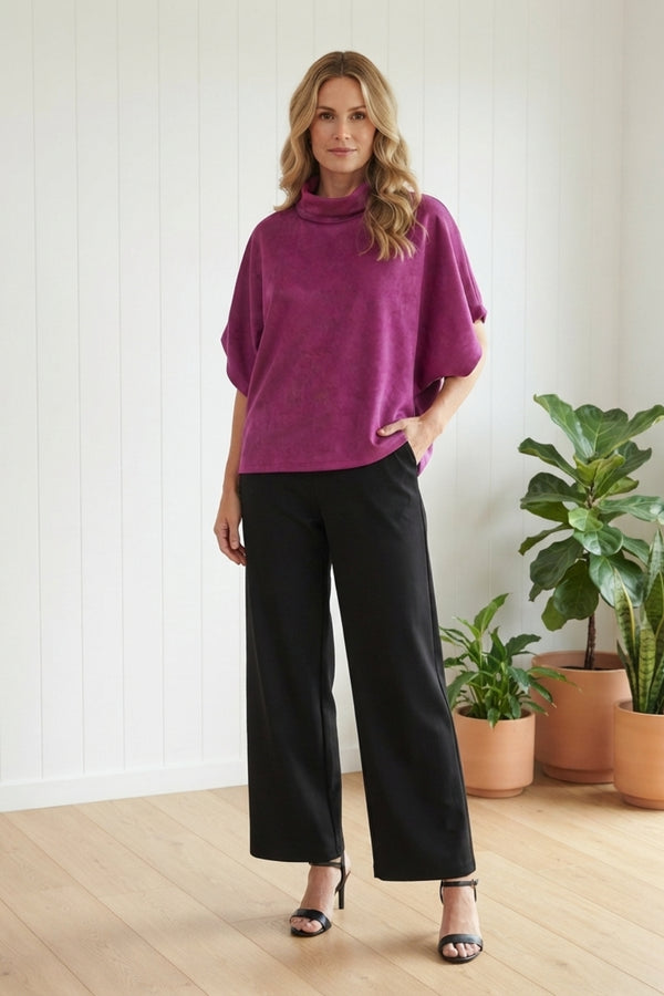 Faux Suede 1/2 Sleeve Relaxed Top| MAGENTA