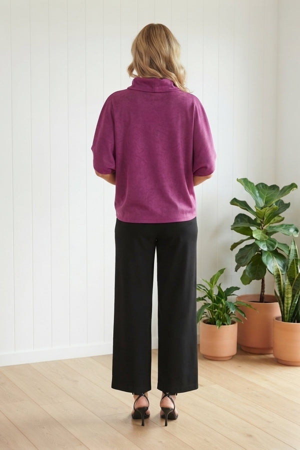 Faux Suede 1/2 Sleeve Relaxed Top| MAGENTA