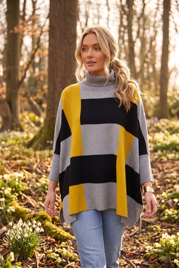 Colour Block Roll Neck Oversized Poncho