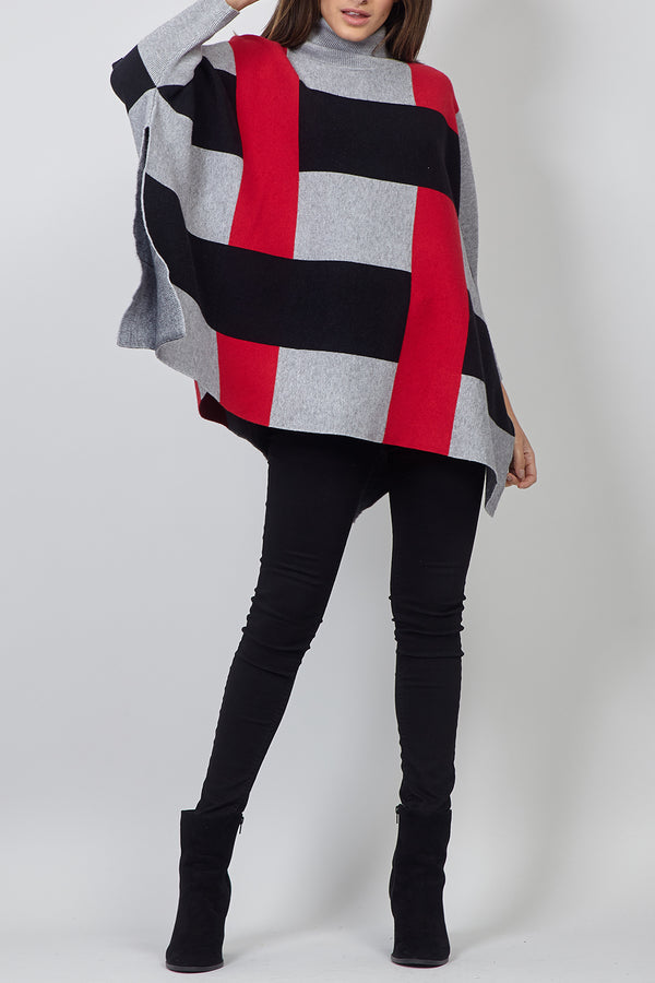 MULTI RED | Colour Block Roll Neck Oversized Poncho