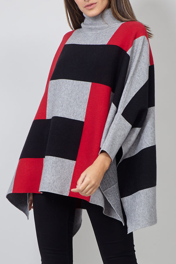 MULTI RED | Colour Block Roll Neck Oversized Poncho