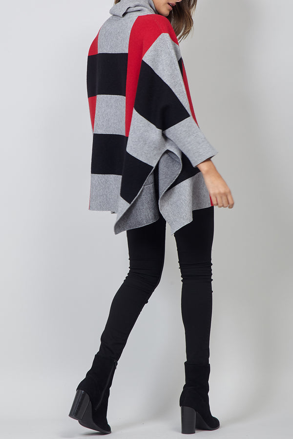 MULTI RED | Colour Block Roll Neck Oversized Poncho
