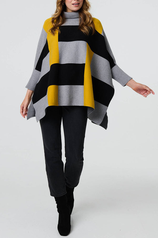MUSTARD | Colour Block Roll Neck Oversized Poncho
