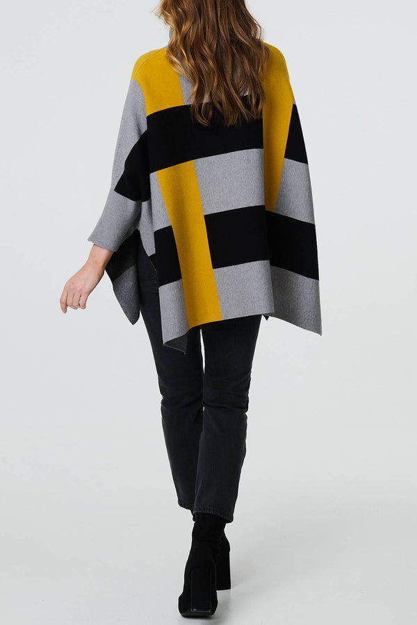 MUSTARD | Colour Block Roll Neck Oversized Poncho