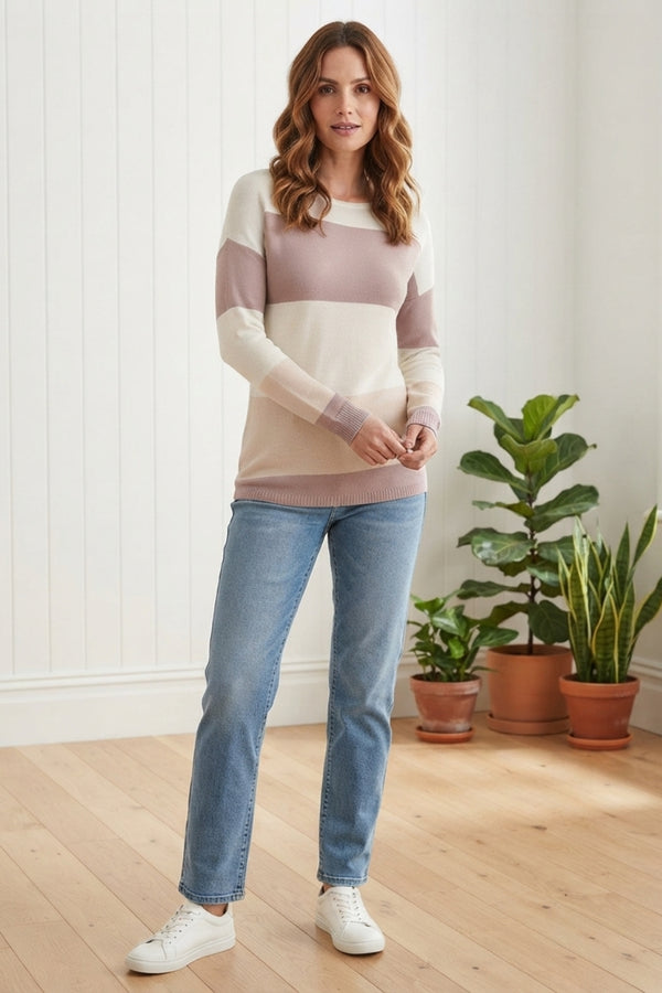 Colour Block Print Curve Hem Jumper| CREAM