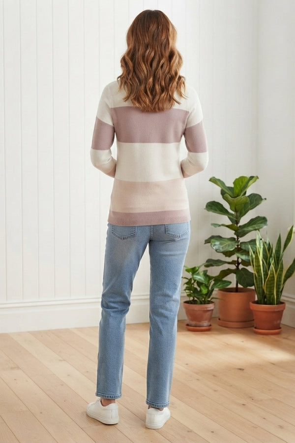 Colour Block Print Curve Hem Jumper| CREAM