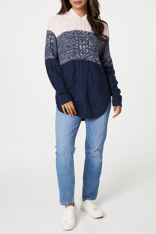 MULTI NAVY| Colour Block Textured Knit Hooded Jumper