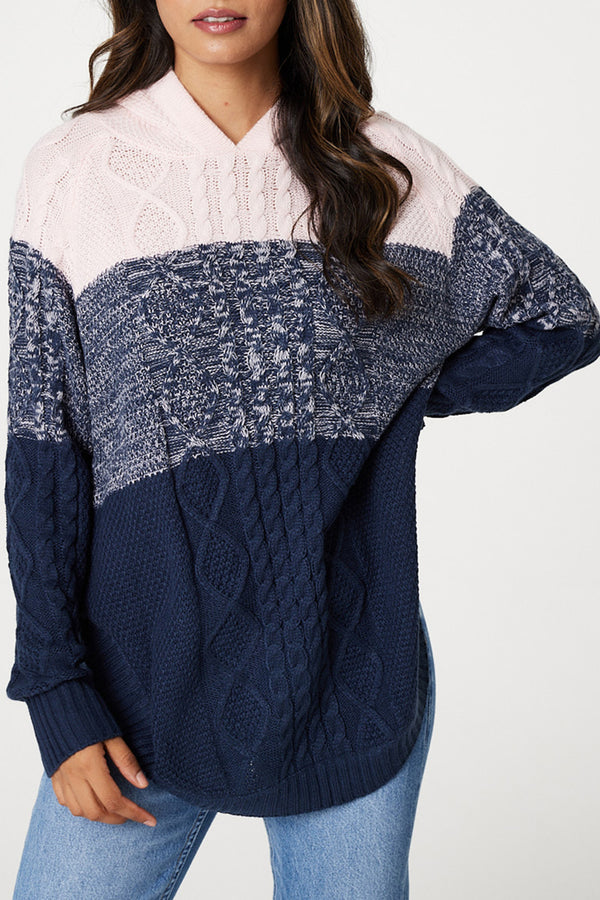 MULTI NAVY| Colour Block Textured Knit Hooded Jumper