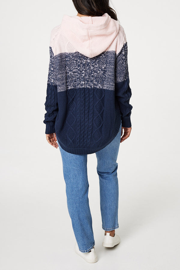 MULTI NAVY| Colour Block Textured Knit Hooded Jumper