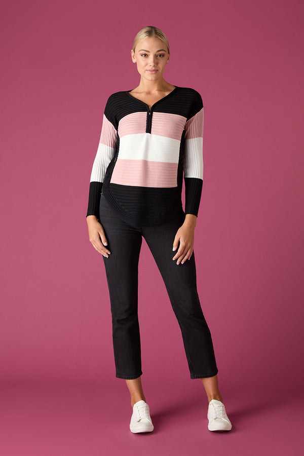 Multi Pink | Striped Button Side Knit Pullover