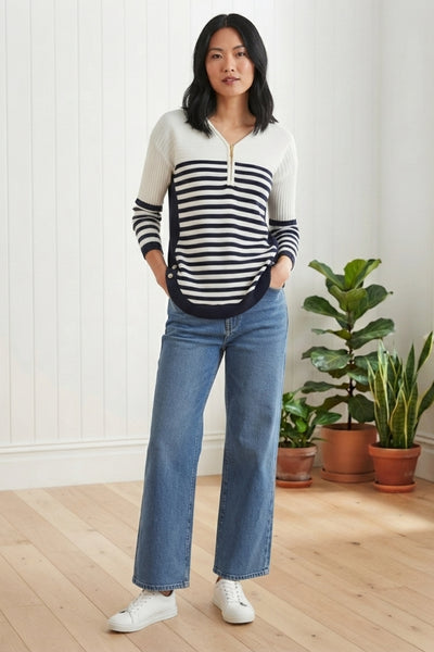Striped Print Zip Front V-Neck Jumper| BLACK AND WHITE