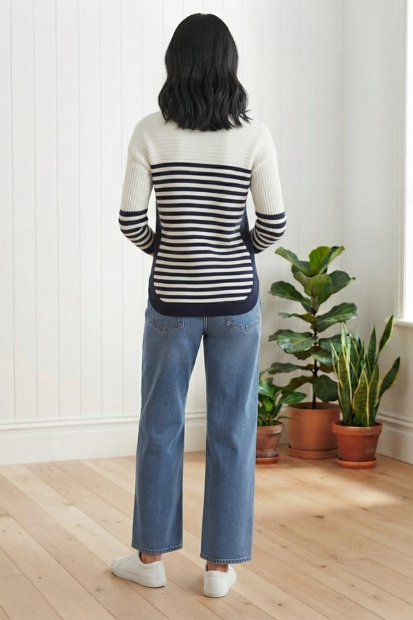 Striped Print Zip Front V-Neck Jumper| BLACK AND WHITE
