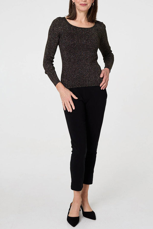Black | Sparkle Textured Long Sleeve Fitted Top